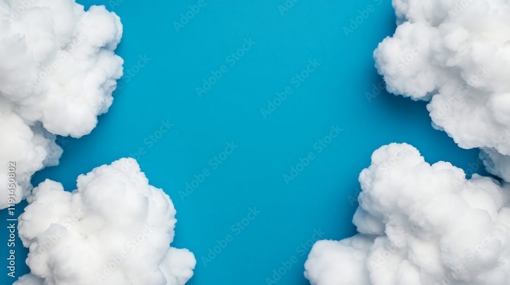 Poster cloud frame on blue: a vibrant blue background is playfully framed by fluffy white clouds, creating 