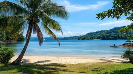 Fototapeta premium Tropical beach paradise, calm bay, palm trees, boat. Ideal for travel brochures