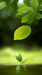 Young plant sprout growing near water, lush green leaves overhead, tranquil nature scene; ideal for environmental themes