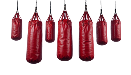 Set of red leather boxing bags on transparent insulated background