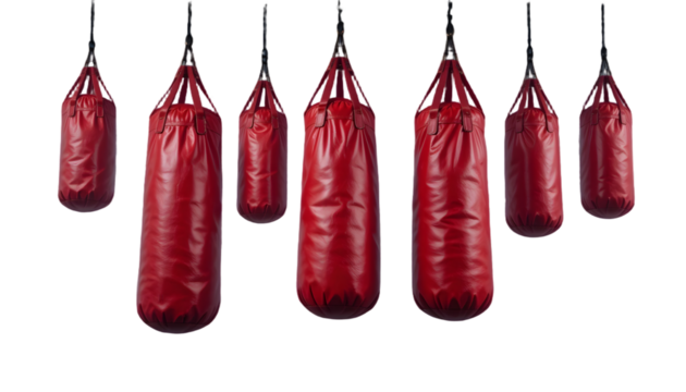 Set of red leather boxing bags on transparent insulated background