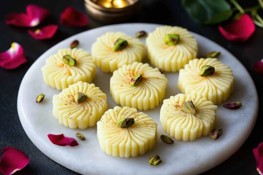 Elegant Sandesh Floral Designs with Pistachio and Saffron Garnish Styled with Rose Petals and Diya
