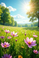 Fototapeta premium Sunlit meadow, vibrant spring flowers blooming, buttercup, dandelion