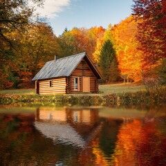 Generated image Forest cottage in autumn, wooden cabin or hut nestled in rural october landscape, tourism
