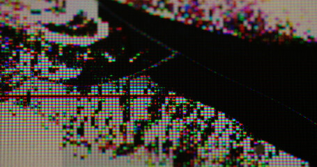 Broken screen. Hole crack. Dirty paint streaks on mesh pixel bokeh glass. Glitch distortion overlay...