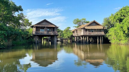Fototapeta premium Wooden Houses on Stilts by the River
