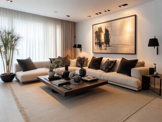 A living room with a white couch and a black couch