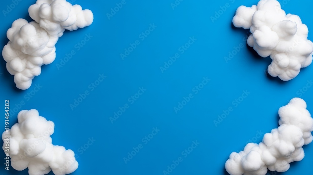 Poster cloud frame on blue: fluffy white clouds arranged in a frame on a vibrant blue background, leaving a