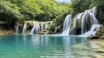 Fototapeta premium Serene Waterfall in Lush Forest - Nature's Embrace