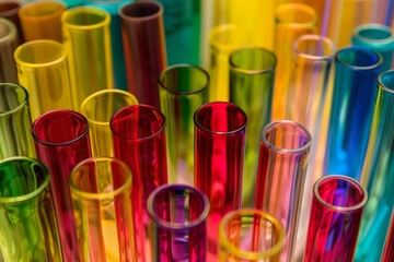 Colorful test tubes standing upright, creating a vibrant and captivating laboratory display