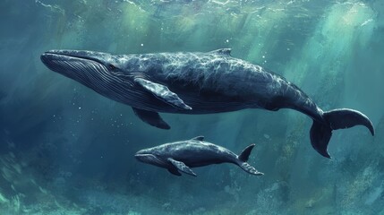 Obraz premium Whale Mother and Calf Swimming Together