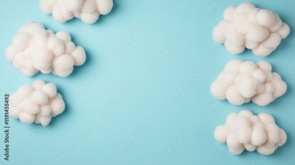 Poster Cotton Cloud Frame: Fluffy cotton balls arranged as clouds on a light blue background create a charming and whimsical frame, perfect for adding text or images. 