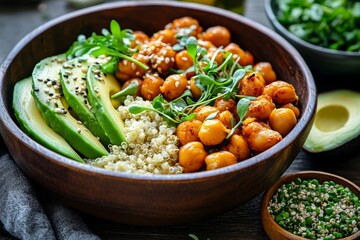 Deliciously balanced Buddha bowl filled with quinoa, roasted chickpeas, avocado slices, and fresh greens served in a wooden bowl