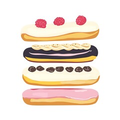 A minimalist flat illustration of delightful éclairs, featuring a soft pastel color palette on a clean white background. Perfect for culinary designs or pastry-themed projects.