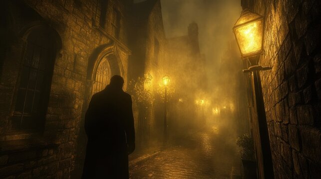 A solitary figure walks down a fog-shrouded cobblestone street at night - Powered by Adobe