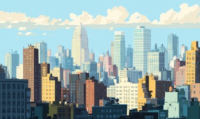 Obraz premium City skyline, diverse buildings, sunny day, fluffy clouds.