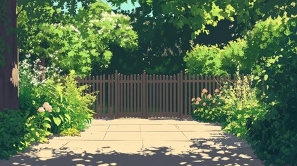 Sunlit garden path, fence, lush greenery, flowers.
