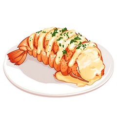 Flat illustration of a roasted garlic butter lobster tail, featuring a minimalist design and a vibrant pastel color palette, set against a clean white background, isolated for emphasis.