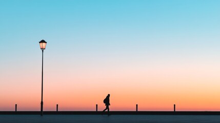 Silhouette of person walking at sunset by a lamppost.