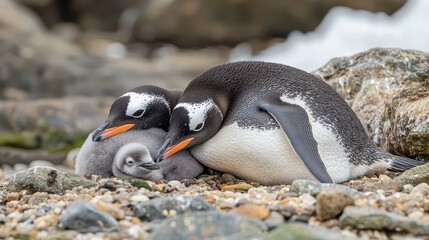 Fototapeta premium Nurturing Penguin Couple with Their Chick