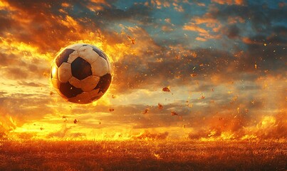 Fototapeta premium A soccer ball being kicked into the air against a breathtaking sunset sky