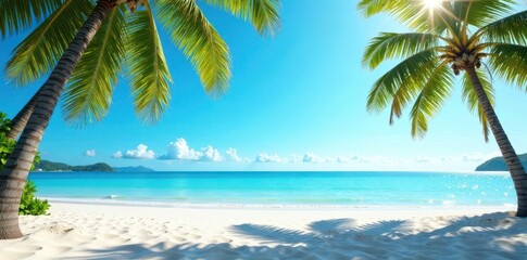 Sunny day at the beach with palm trees and clear blue water, tropical, ocean