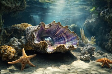 Vibrant underwater scene with giant clam and sea life