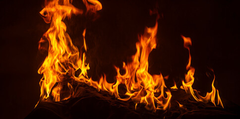 Texture of fire on black background. Abstract fire flame background. Large burning fire. Blaze fire...