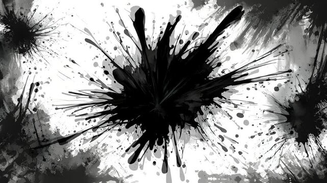 Abstract black ink splatter on a white background, creating a dynamic and artistic effect.