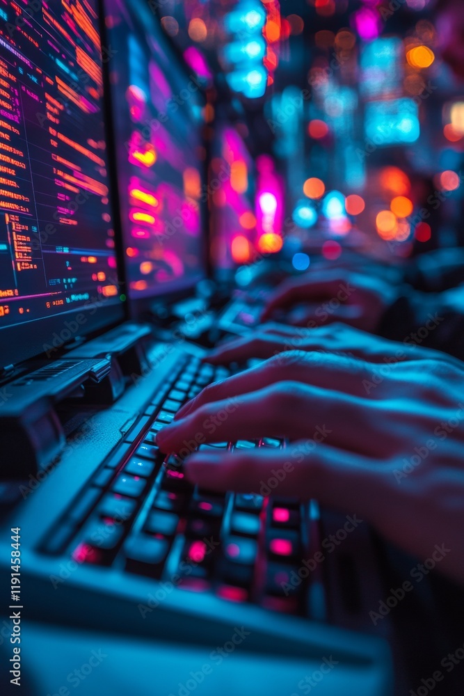 Aufkleber cyberpunk teamwork hands typing on keyboards with vibrant neon lights and data screens