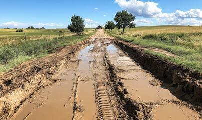 Fototapeta premium Muddy rural road, puddles, vehicle tracks, rural landscape.