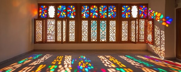 Colorful stained glass window casts vibrant light patterns on floor
