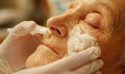 Gloved hands apply cream to elderly face.