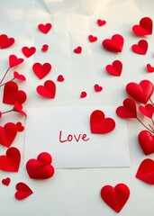 Valentine day background with envelope paper card and various red hearts for love romantic message flat lay composition valentines love heart valentine vector romantic day holiday