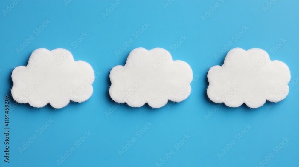 Poster three clouds on blue: three fluffy white cloud shapes arranged in a row against a vibrant blue backg