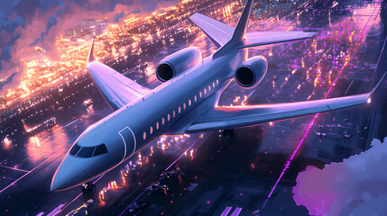 The jet aircraft on the runway, preparing for takeoff amidst a bustling airport, illustrating the dynamic nature of air travel and global connectivity. Starstream. Illustration