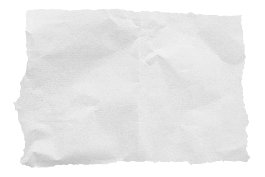 The image showcases a piece of white paper with a rough, torn edge, exhibiting a wrinkled texture, suggesting it has been crumpled. torn white paper isolated on background with clipping path.