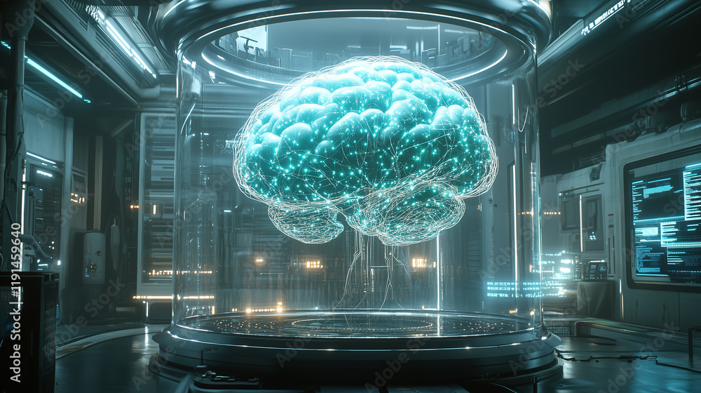 Fototapete glowing brain-like structure made of interconnected lights and circuits, floating in a glass chamber