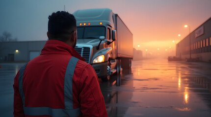 A truck driver standing outdoors in front of a semi-truck during sunrise on a foggy morning. The driver is wearing a red jacket with reflective strips