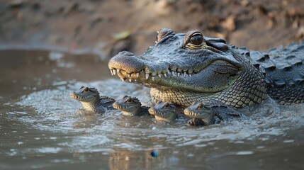 Fototapeta premium Nurturing Crocodile Mother with Her Hatchlings