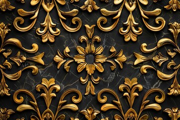 Intricate golden floral damask pattern embellishing a black marble surface, creating a luxurious and elegant design