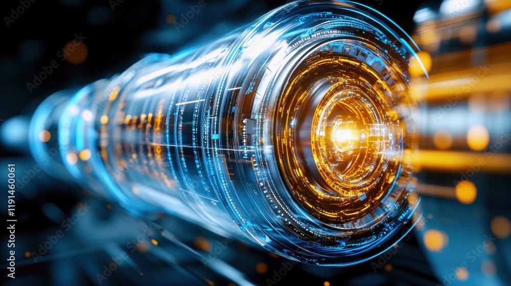 Poster illuminated futuristic core within intricate reflective machinery system