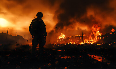 Fototapeta premium Soldier against burning town.