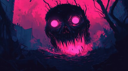 Glowing Skull Monster Emerging From Destroyed Cityscape