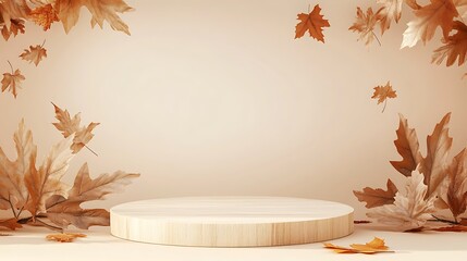 Wooden podium with autumn leaves, empty space for product display.