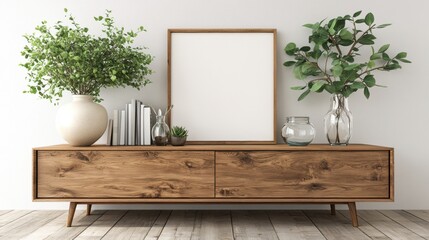 Modern Minimalist Living Room with Wooden Furniture and Plants