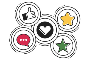 Minimalist social media icons, flat design, thumbs up and down, heart, star, black white green red yellow pink colors, circular shapes, simple vector graphics, clean layout, modern UI elements, social