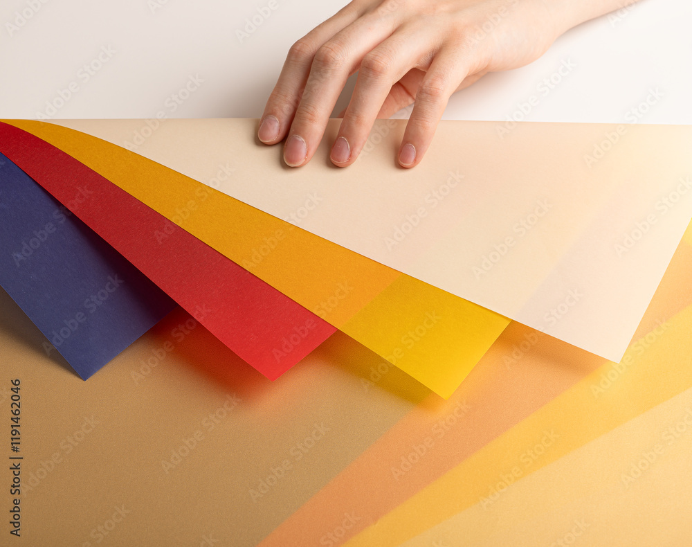 Poster layered paper background with translucent beige, red, yellow, orange, and blue sheets. multicolored 