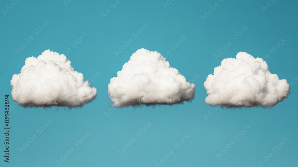 Poster three fluffy clouds: three fluffy white cumulus clouds float against a serene teal backdrop, creatin