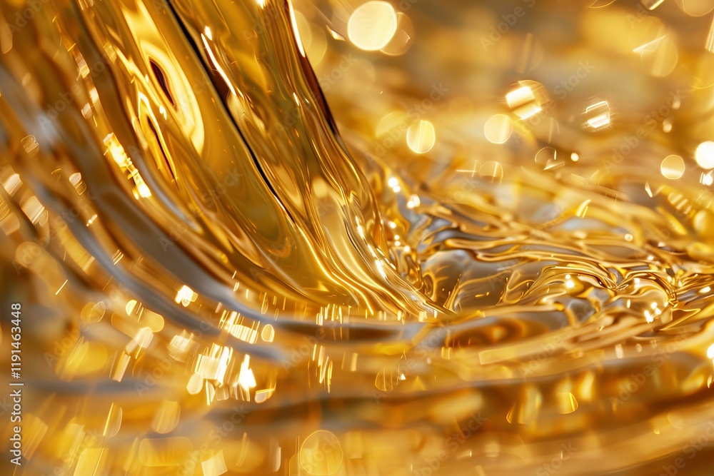 Poster golden liquid pouring and forming abstract shapes, illuminated with a bokeh effect
